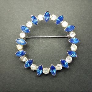 Vintage Carl Art Sterling Silver 1950's Blue Clear Rhinestone Circle Pin Brooch